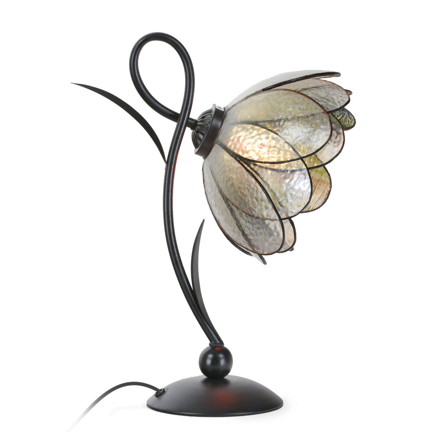 Florale Tischleuchte mit Blütenblättern aus irisierendem Glas Florale Tischleuchte mit Blütenblättern aus irisierendem Glas