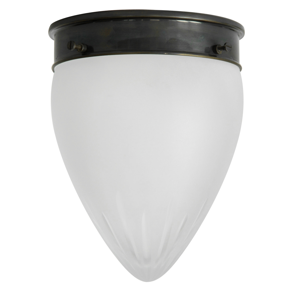 Spitzglas-Deckenlampe mit Sternschliff-Satinglas Ø 16 cm: Schlanke Deckenleuchte, abgebildet mit glanzvernickeltem Deckenteil