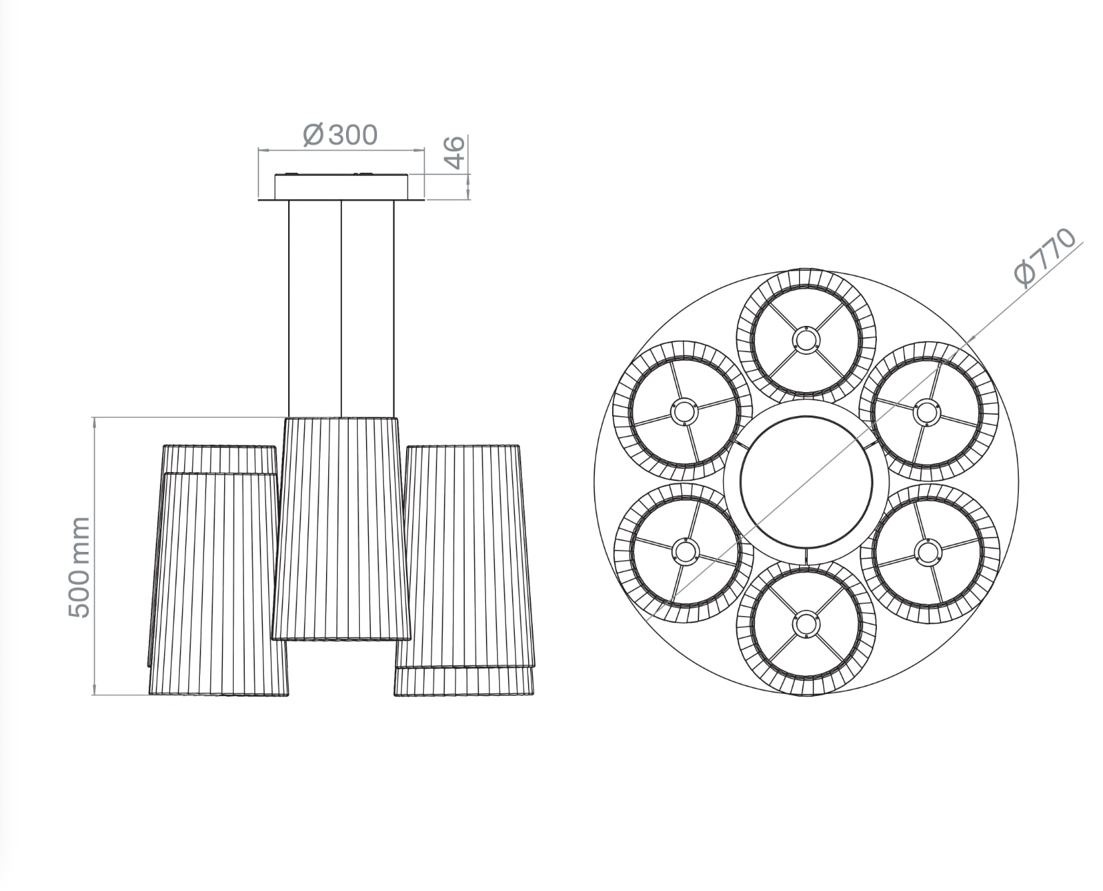 Large Chandelier with 6 or 8 Taffeta Shades FIESTA: Das mittlere Model mit sechs Schirmen