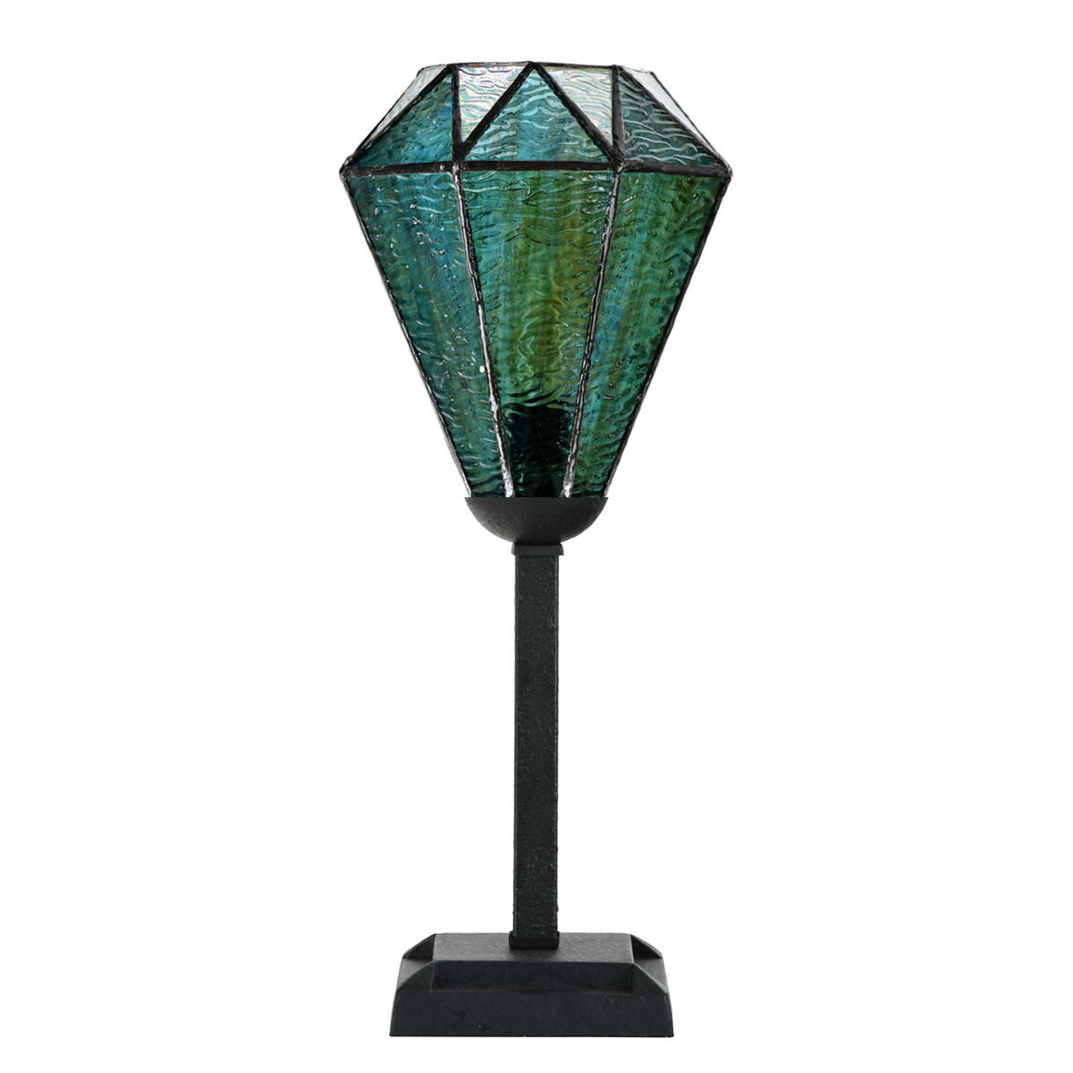 Upright Tiffany table light with blue-green glass shade