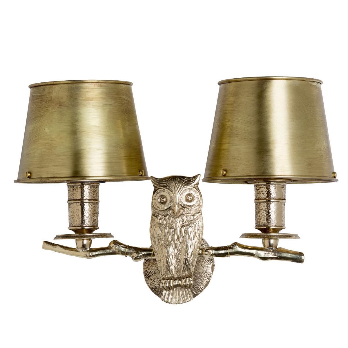 Zweiflammige Messing-Wandleuchte mit Eulenskulptur Zweiflammige Messing-Wandleuchte mit Eulenskulptur