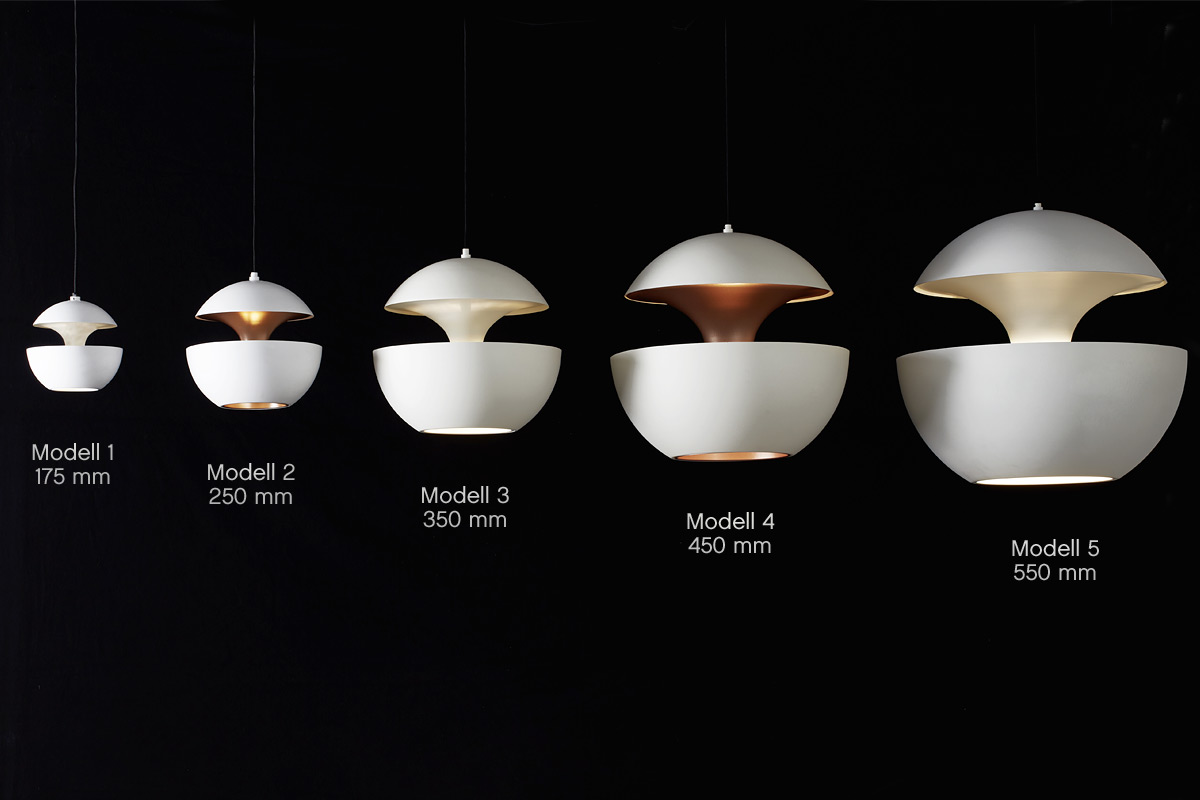 Weiße Kugel-Hängeleuchten Sixties-Design HERE COMES THE SUN: Die Modellgrößen im Überblick (Modell 5 nicht mehr erhältlich)