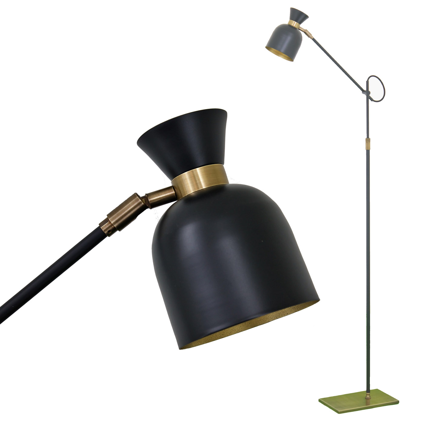 Filigrane Gelenk-Stehleuchte BILBOQ im Mid Century-Look: Filigrane Lese-Stehlampe im 50er Jahre Design (hier in 25 schwarz und 12 Messing patiniert)