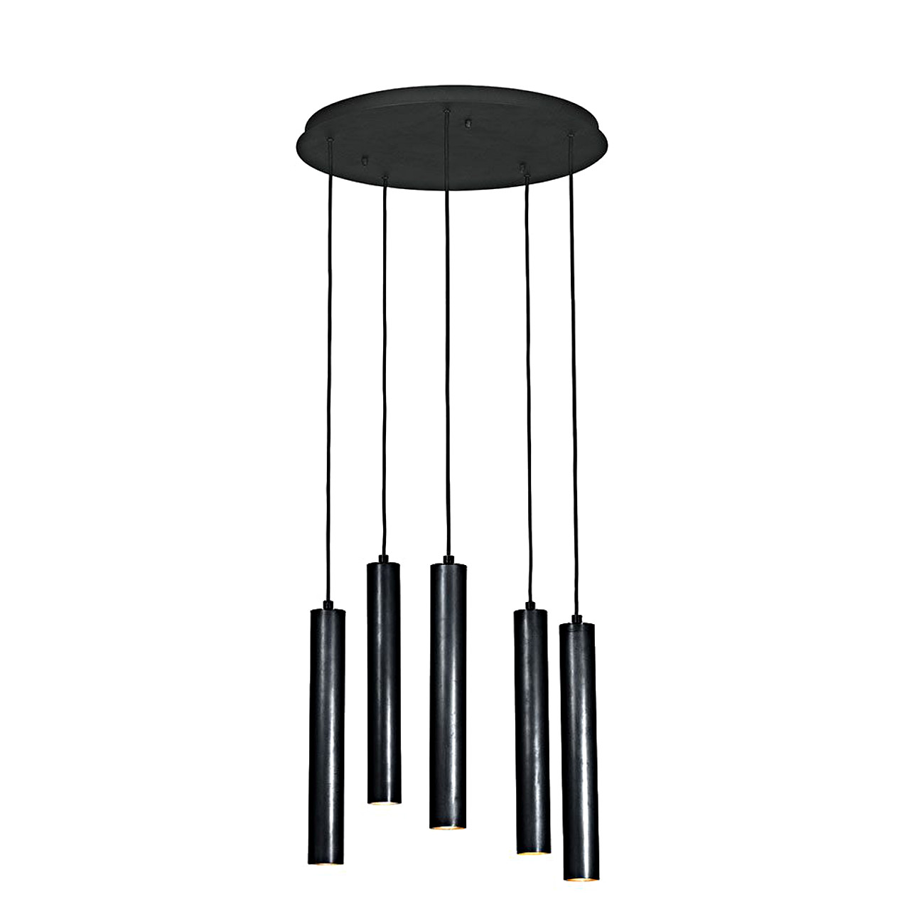 Bild 3: Messing dunkel patiniert Kaskade mit fünf Röhren-Pendelleuchten TOBINO, Kupfer oder Messing: Messing dunkel patiniert