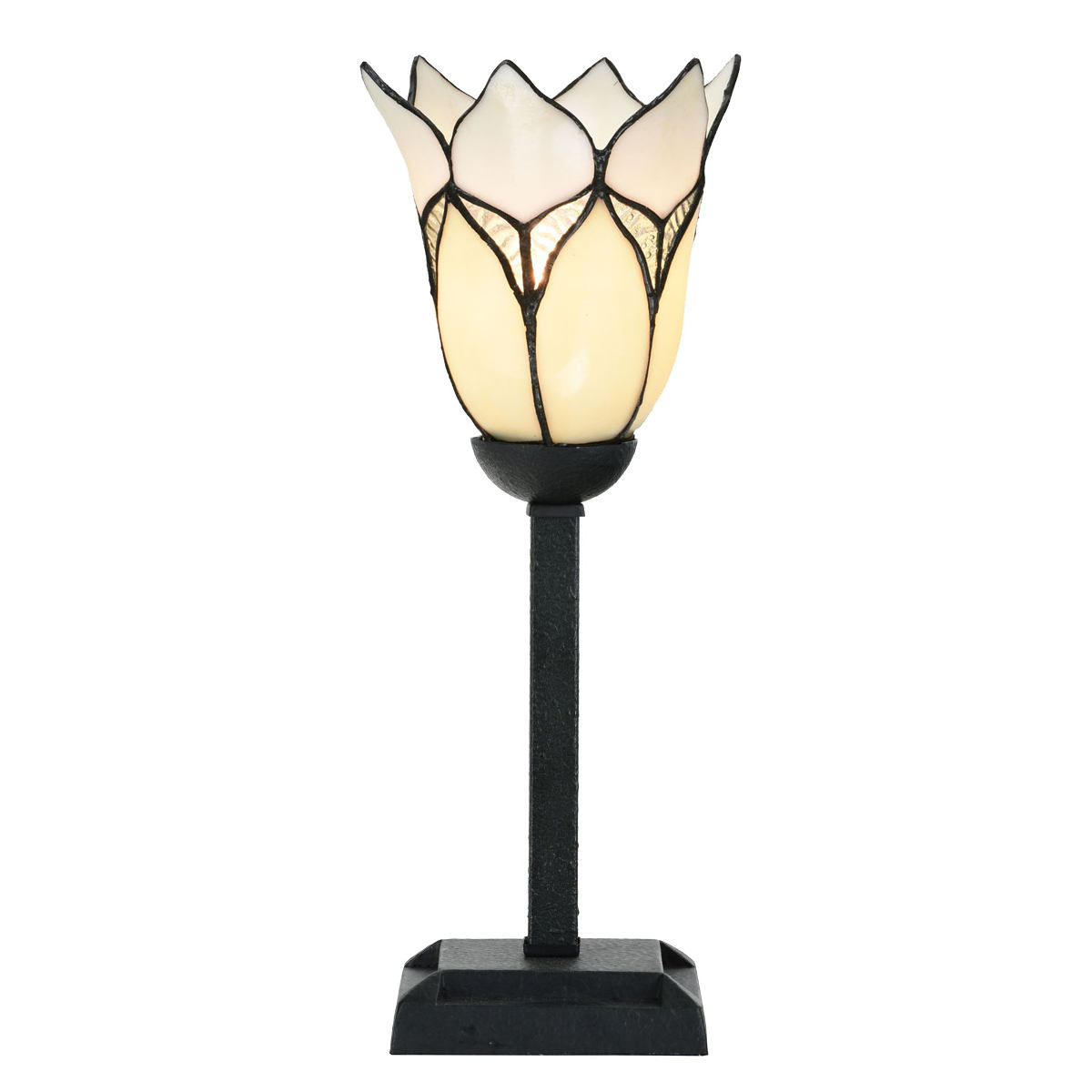 Bild 1: Kleine aufrechte Tiffany-Tischleuchte mit weißen Blütenschirm Kleine aufrechte Tiffany-Tischleuchte mit weißen Blütenschirm: Kleine aufrechte Tiffany-Tischleuchte mit weißen Blütenschirm