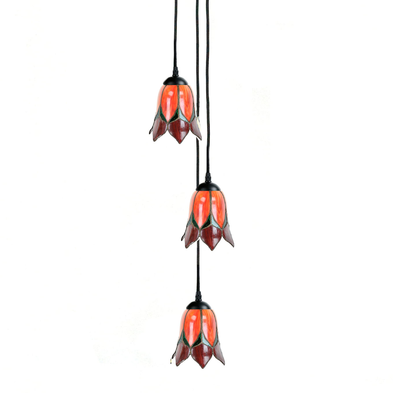Gruppe aus Tiffany-Hängeleuchten mit roten Blütenschirmen