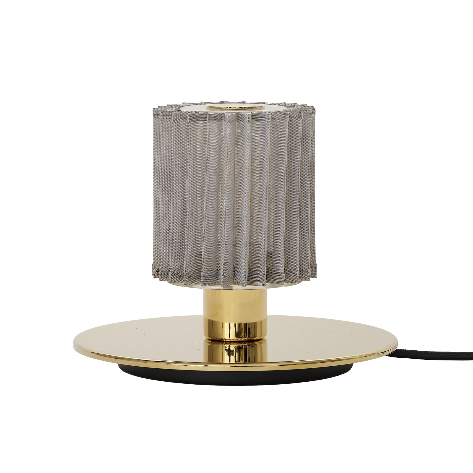 Decorative Design Table Lamp with Mesh Diffuser IN THE SUN 220: Die dimmbare Tischleuchte mit goldenem Sockel/Reflektor und silberner Gewebeabschirmung