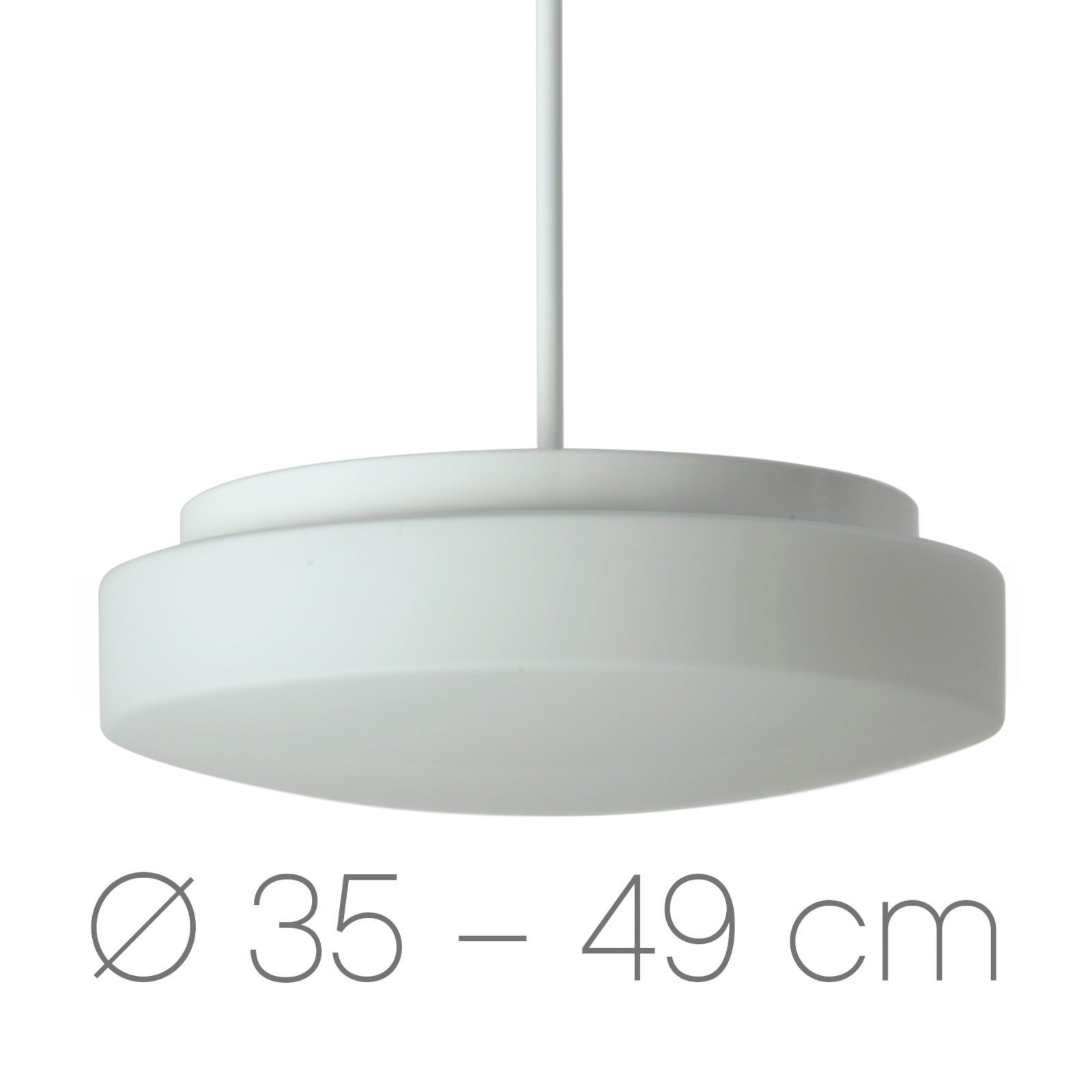 Bild 1: Samtig-mattes Opalglas: Schlichte Stab-Pendelleuchte ELLA, hier mit Ø 35 cm (= Größe S) Schlichte Stab-Pendelleuchte ELLA mit mattem Opalglas-Schirm: Samtig-mattes Opalglas: Schlichte Stab-Pendelleuchte ELLA, hier mit Ø 35 cm (= Größe S)