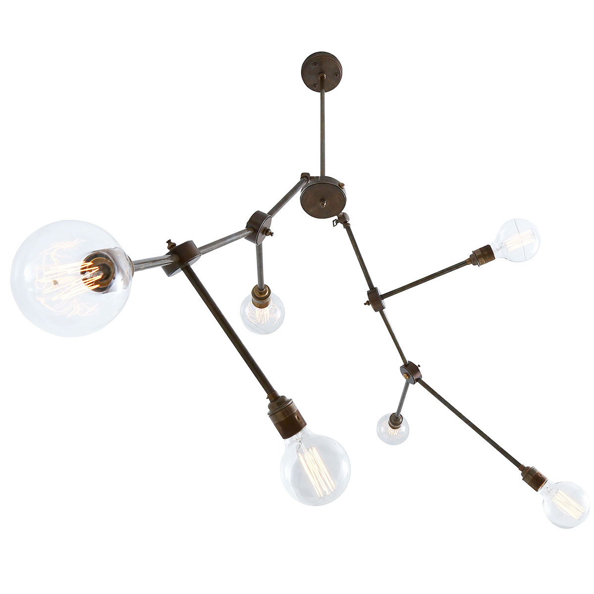 Bild 4: Ausführung Alt-Messing patiniert, mit „Globe“-Lampen Verzweigter Gelenk-Deckenleuchter mit 6 Fassungen: Ausführung Alt-Messing patiniert, mit „Globe“-Lampen