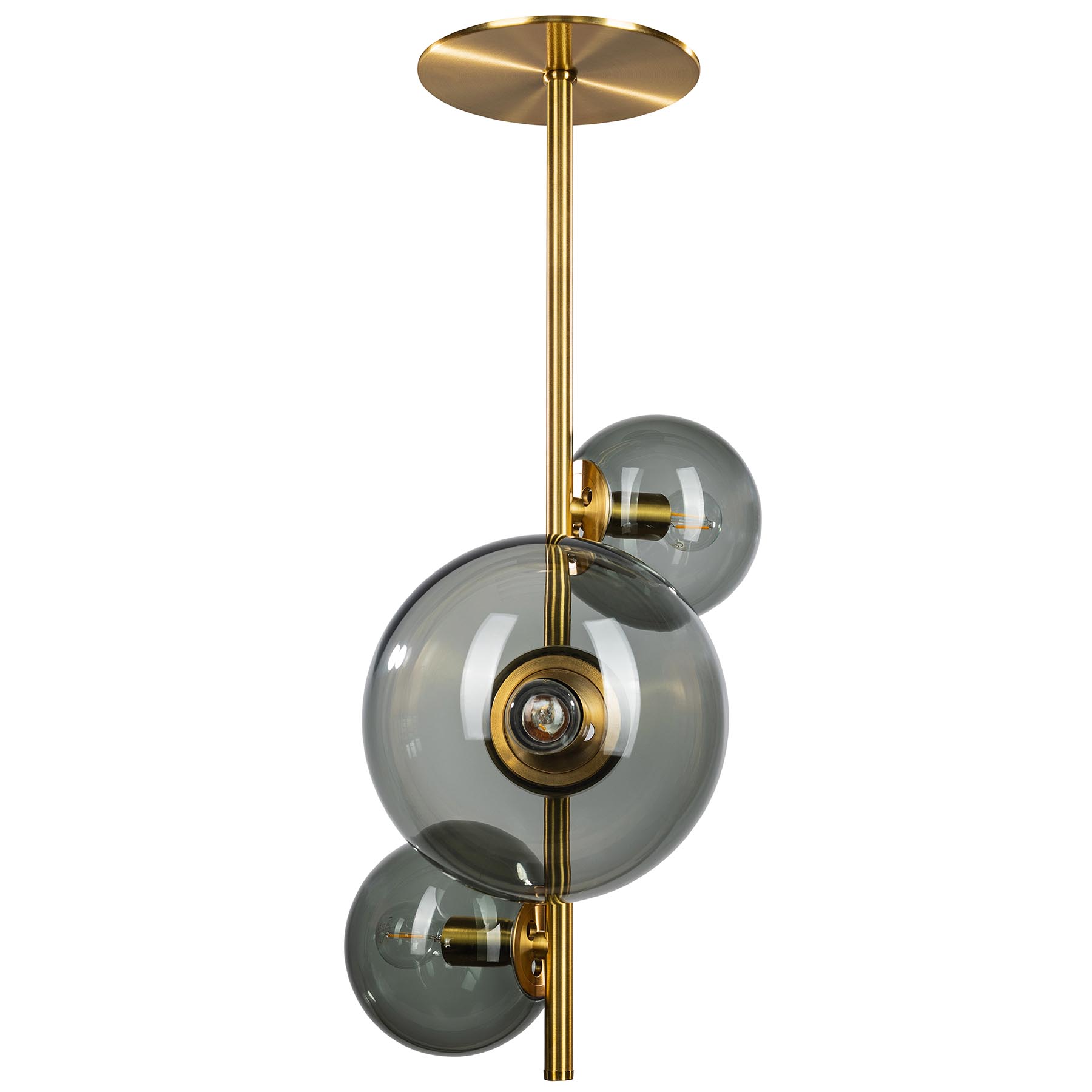 Vertikaler Hängeleuchter mit drei Rauchglas-Kugeln Vertikaler Hängeleuchter mit drei Rauchglas-Kugeln