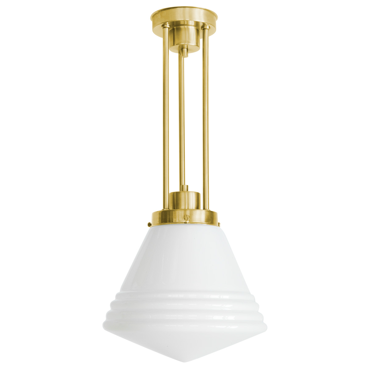 Dreirohr-Pendelleuchte mit spitzem Art déco-Opalglas Dreirohr-Pendelleuchte mit spitzem Art déco-Opalglas