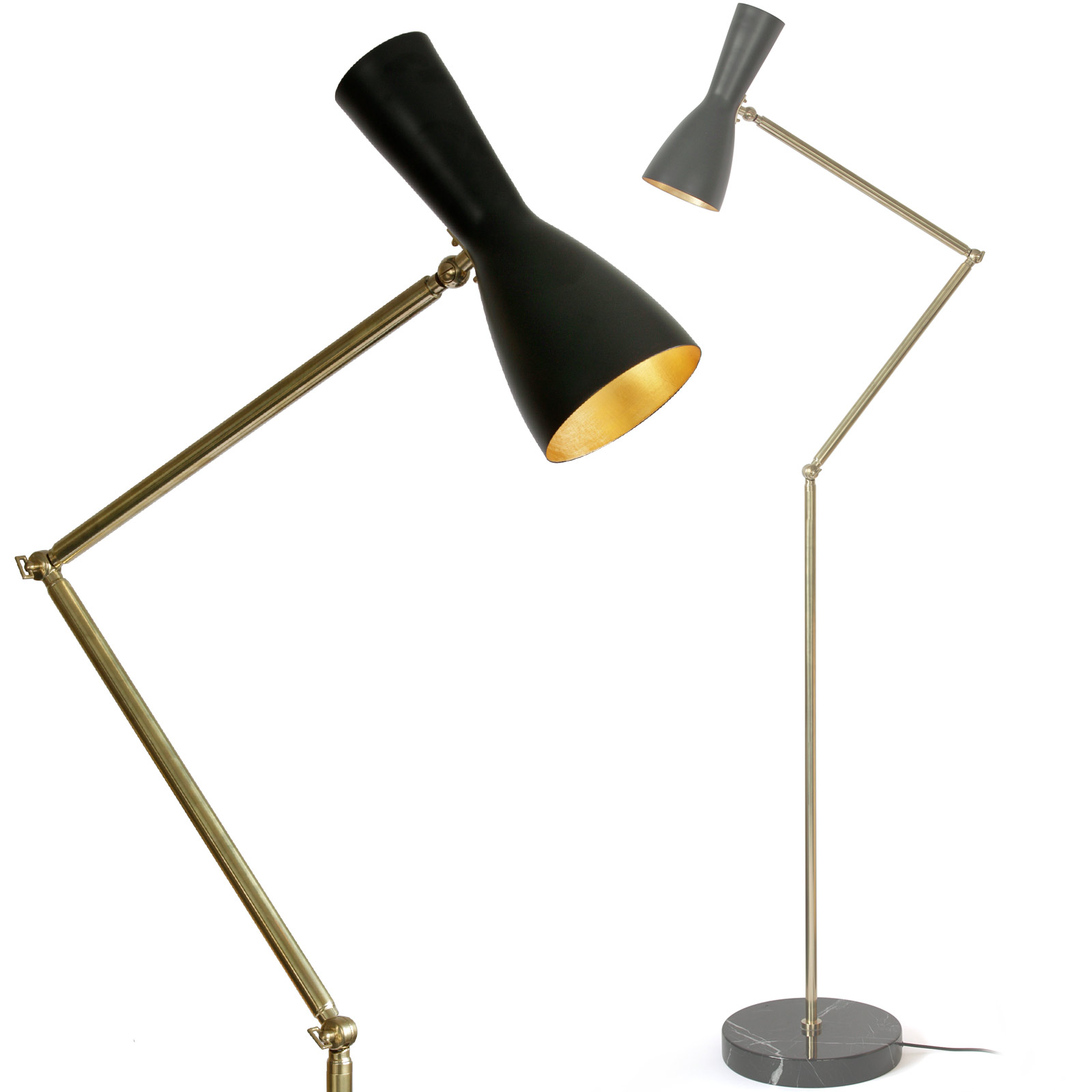 Design-Stehleuchte mit Gelenkarm aus Messing und Marmor-Sockel Design-Stehleuchte mit Gelenkarm aus Messing und Marmor-Sockel