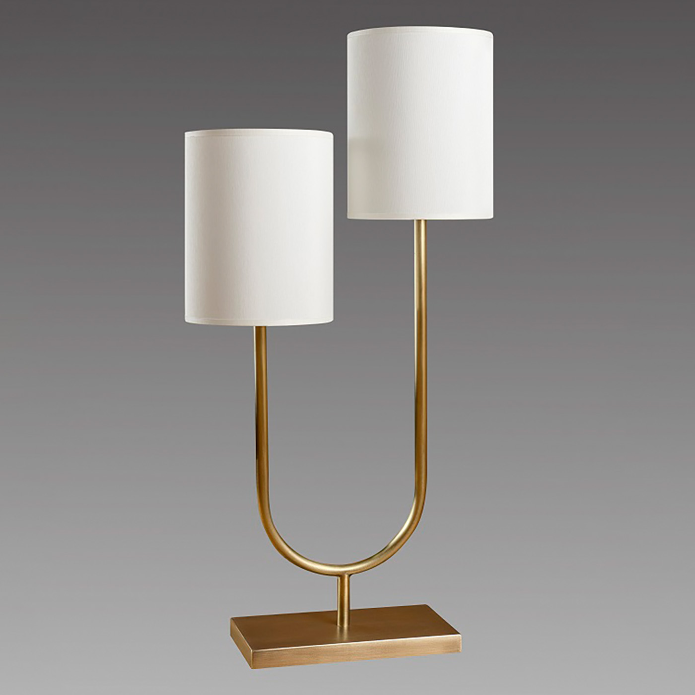 Zweiflammige Design-Tischleuchte mit zwei runden Stoffschirmen L201: Ausführung natur matt satiniert