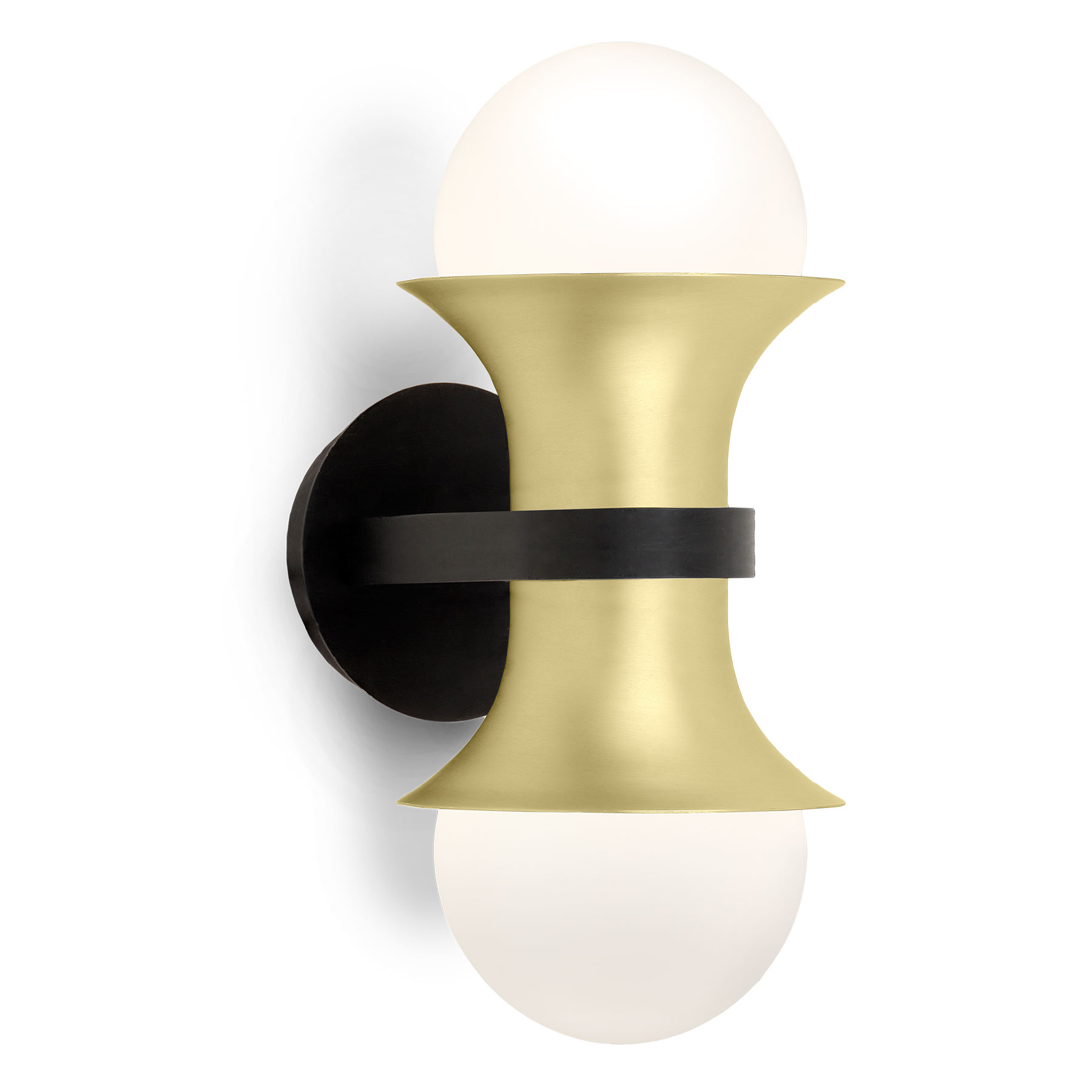 Designer-Wandleuchte aus Messing und zwei Opalglas-Kugeln ADAMS
