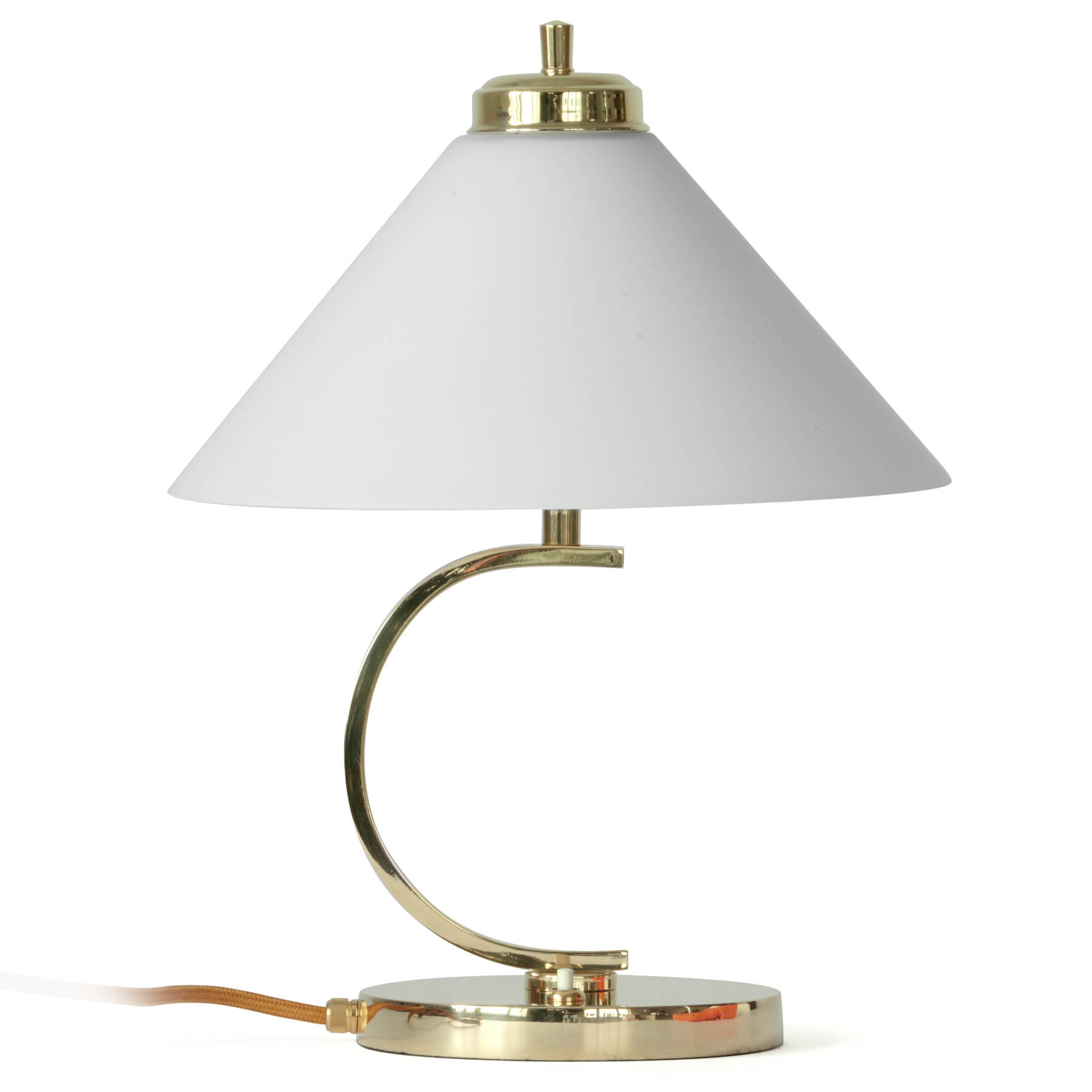 Kleine Messing-Tischlampe mit Kegel-Glasschirm: Zeitlose, kleine Nachttischlampe mit Glasschirm, hier in Messing poliert, lackiert
