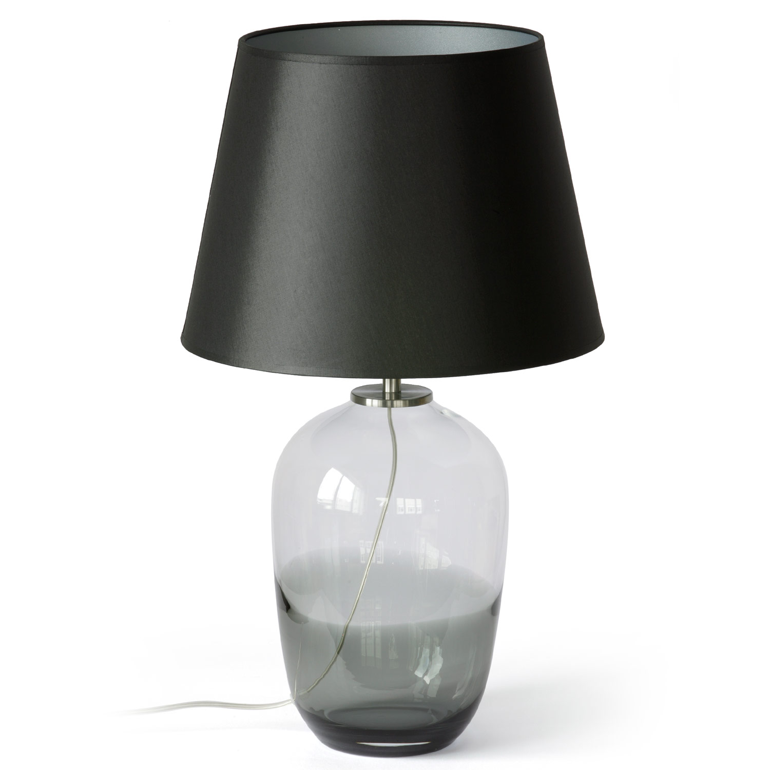 Faszinierende Glas-Vasenlampe MALI: Faszinierende Vasenlampe mit Rauchglas-Sockel, (hier kleines Modell, schwarzer Textil-Schirm)