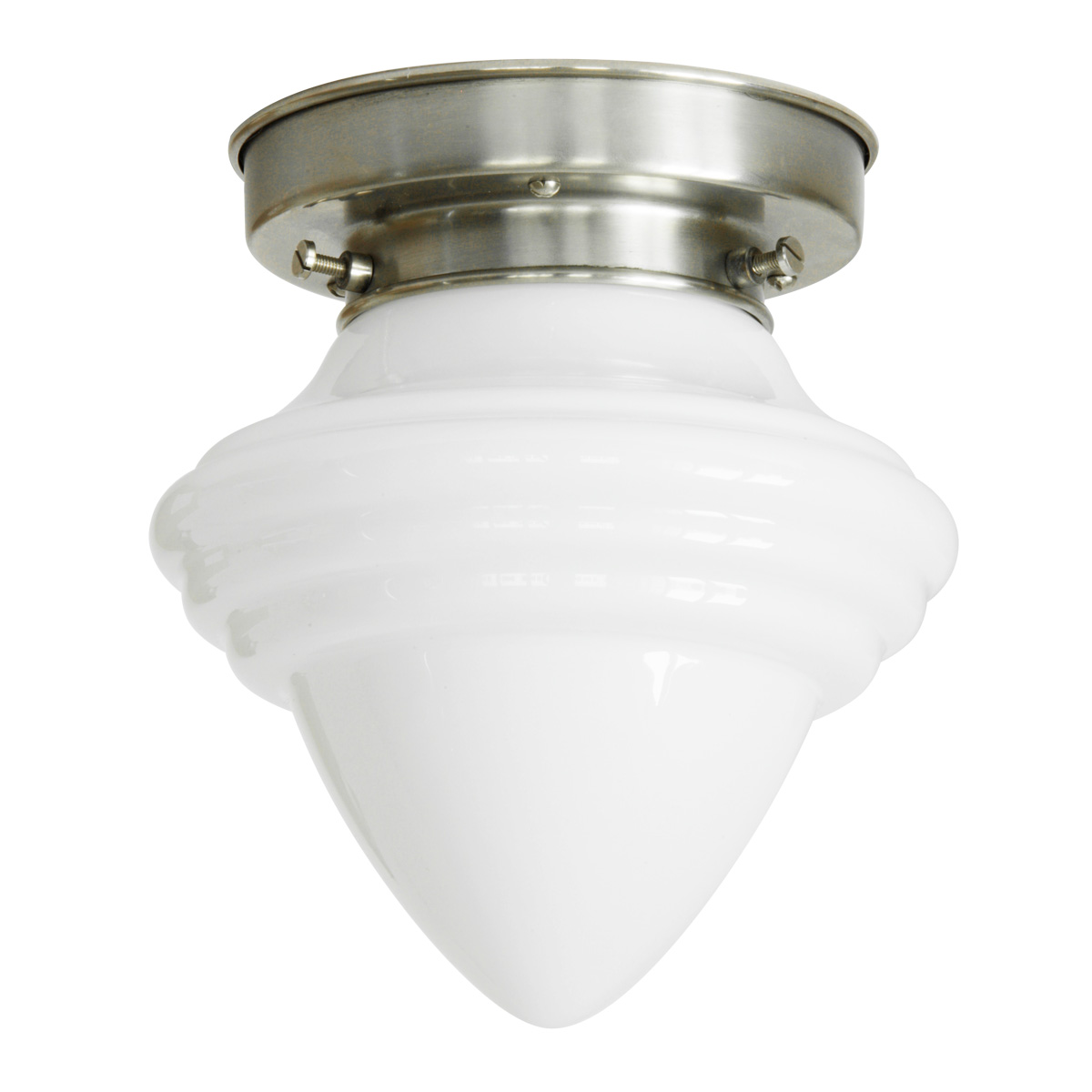 Kleine Deckenlampe mit spitzem Art déco-Opalglas Ø 16 cm: Spitze Deckenleuchte, abgebildet mit getrepptem Deckenteil in Messing mattvernickelt