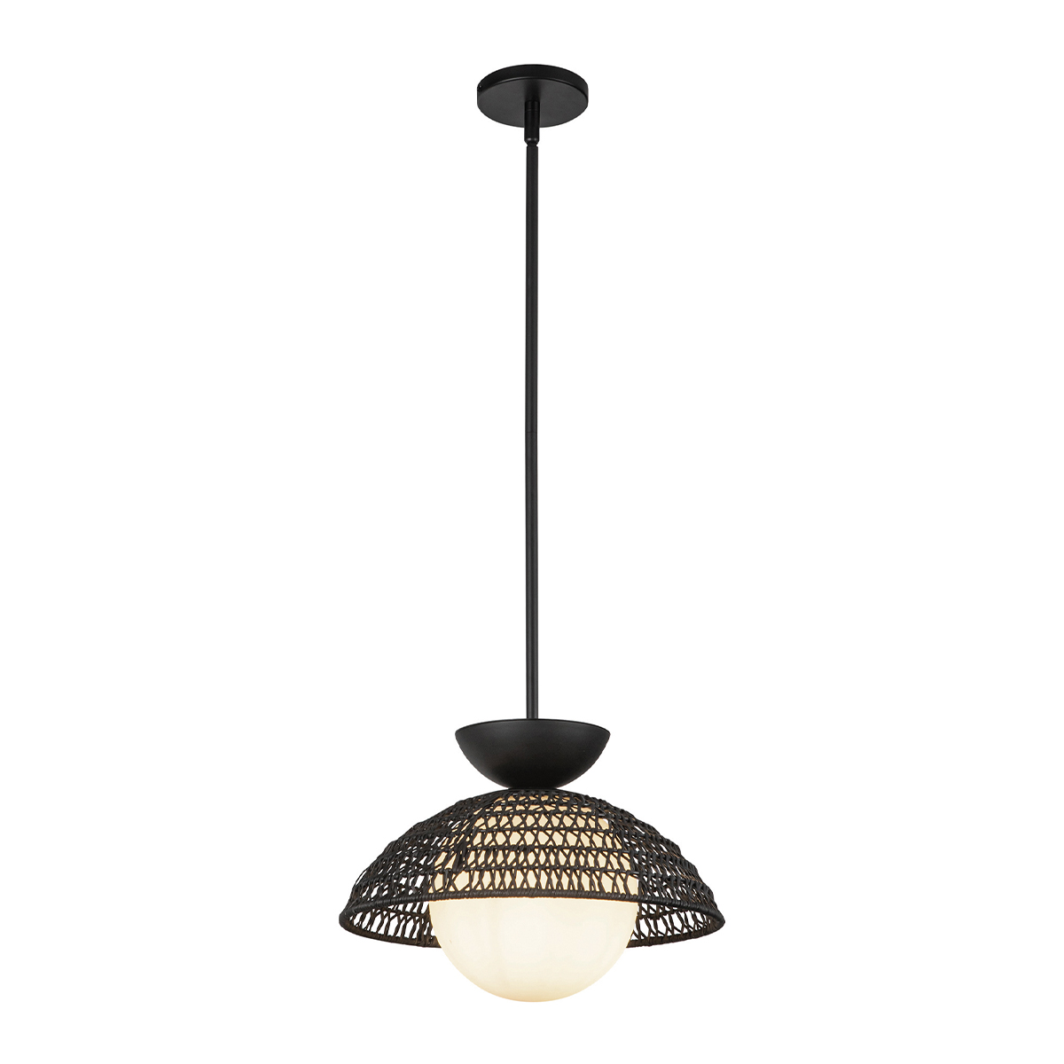 Schwarze Hängeleuchte aus Opalglas, Stahl und Rattan, Ø 38 cm