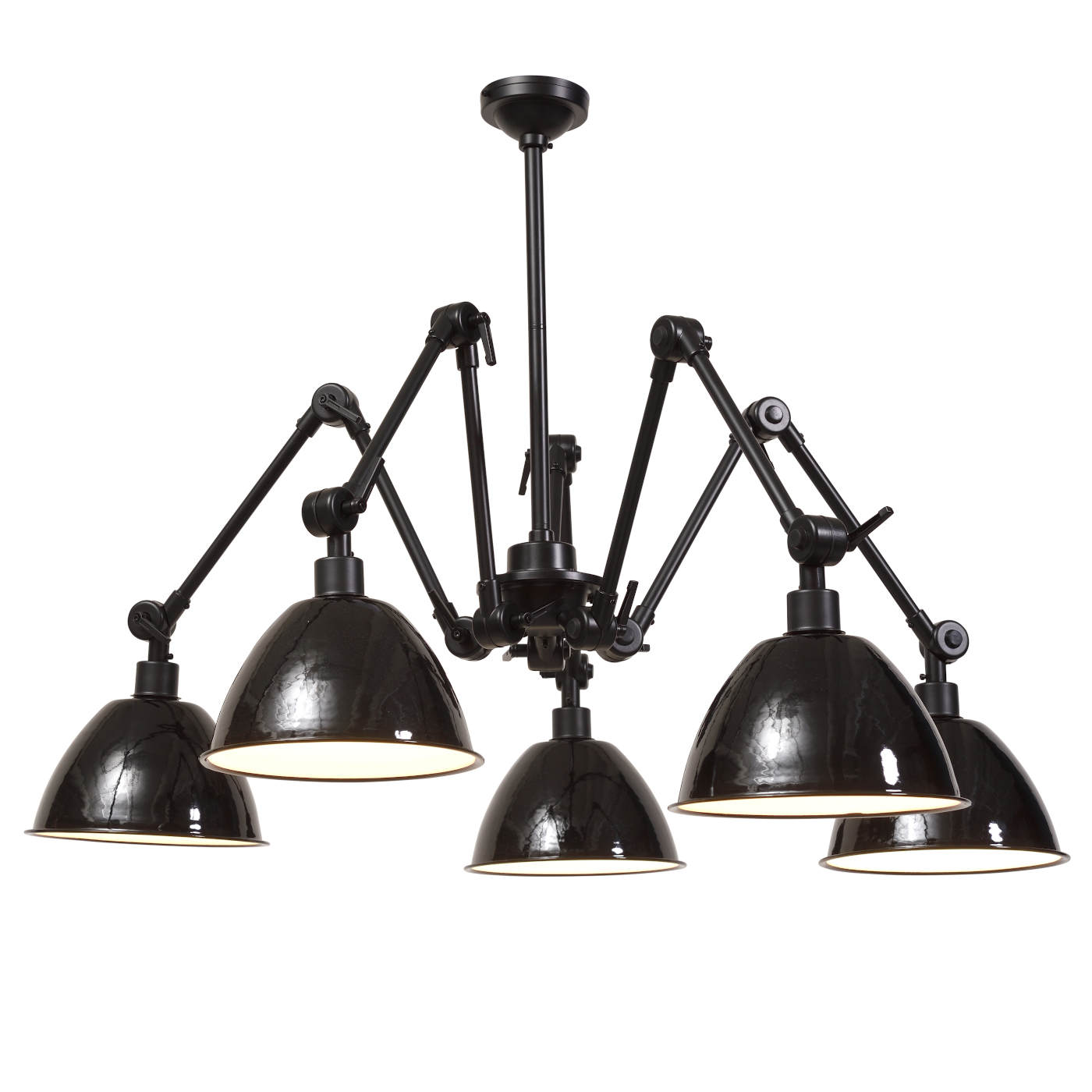 5-armed industrial chandelier width adjustable emaille shades