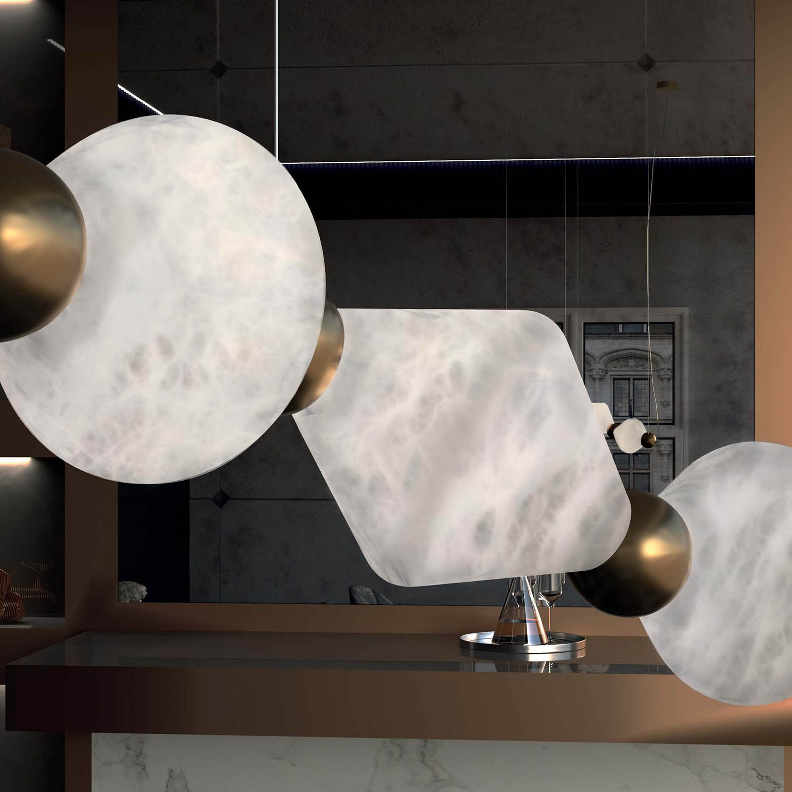 Italienische Luxuxs-Hängeleuchte mit Alabaster-Segmenten CHRONOS: 02 bronzefarben
