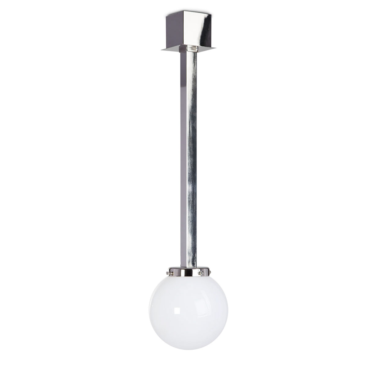 Bild 3: Opal-Glaskugel Deckenleuchte, hier das kleine Modell Ø 20 cm in „Nickel poliert“ Deckenleuchte mit Opalglas-Kugel an Vierkant-Aufhängung, Ø 20 bis 40 cm: Opal-Glaskugel Deckenleuchte, hier das kleine Modell Ø 20 cm in „Nickel poliert“