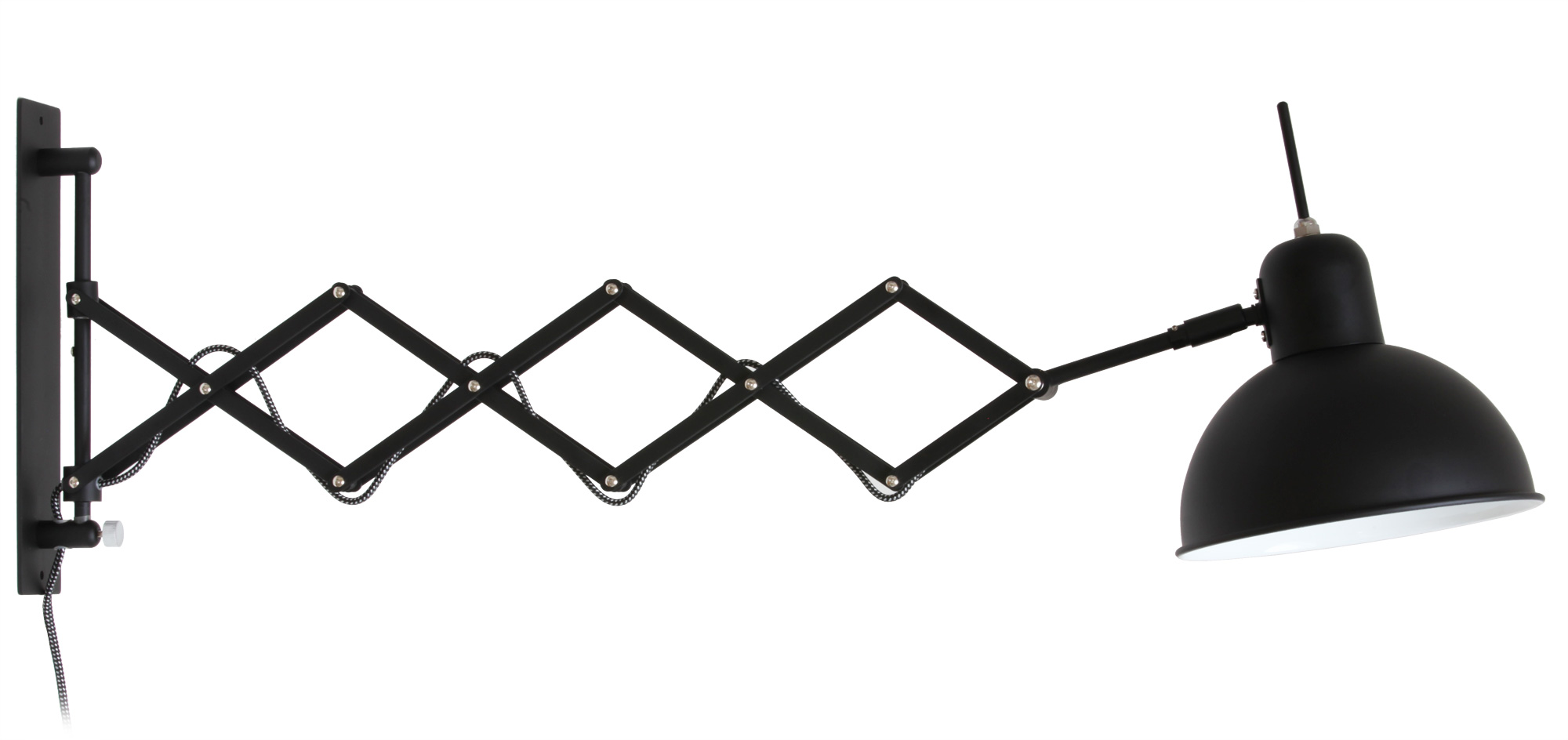 Bauhaus-Scherenleuchte aus Stahl in Schwarz: Die verwindungssteife Schere ist ausziehbar bis max. 85 cm Gesamtausladung.
