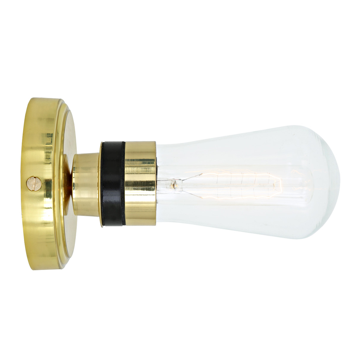 Einfache Badezimmer-Wandlampe mit Glaskolben, IP65: Zeitlose Wirkung in Messing poliert: eine einfache Bad-Wandleuchte mit Glaskolben