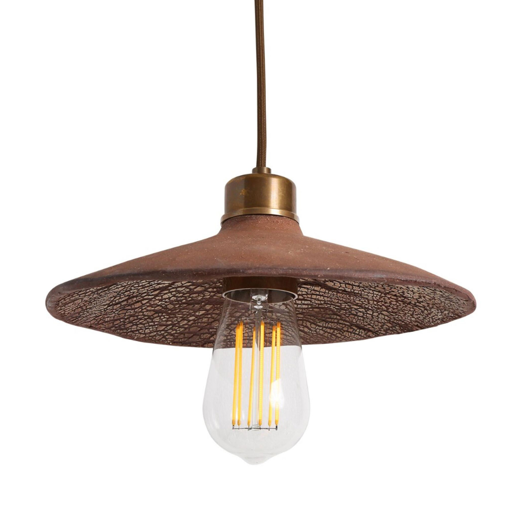 Keramik-Pendelleuchte mit rötlichem Terracotta-Schirm Keramik-Pendelleuchte mit rötlichem Terracotta-Schirm