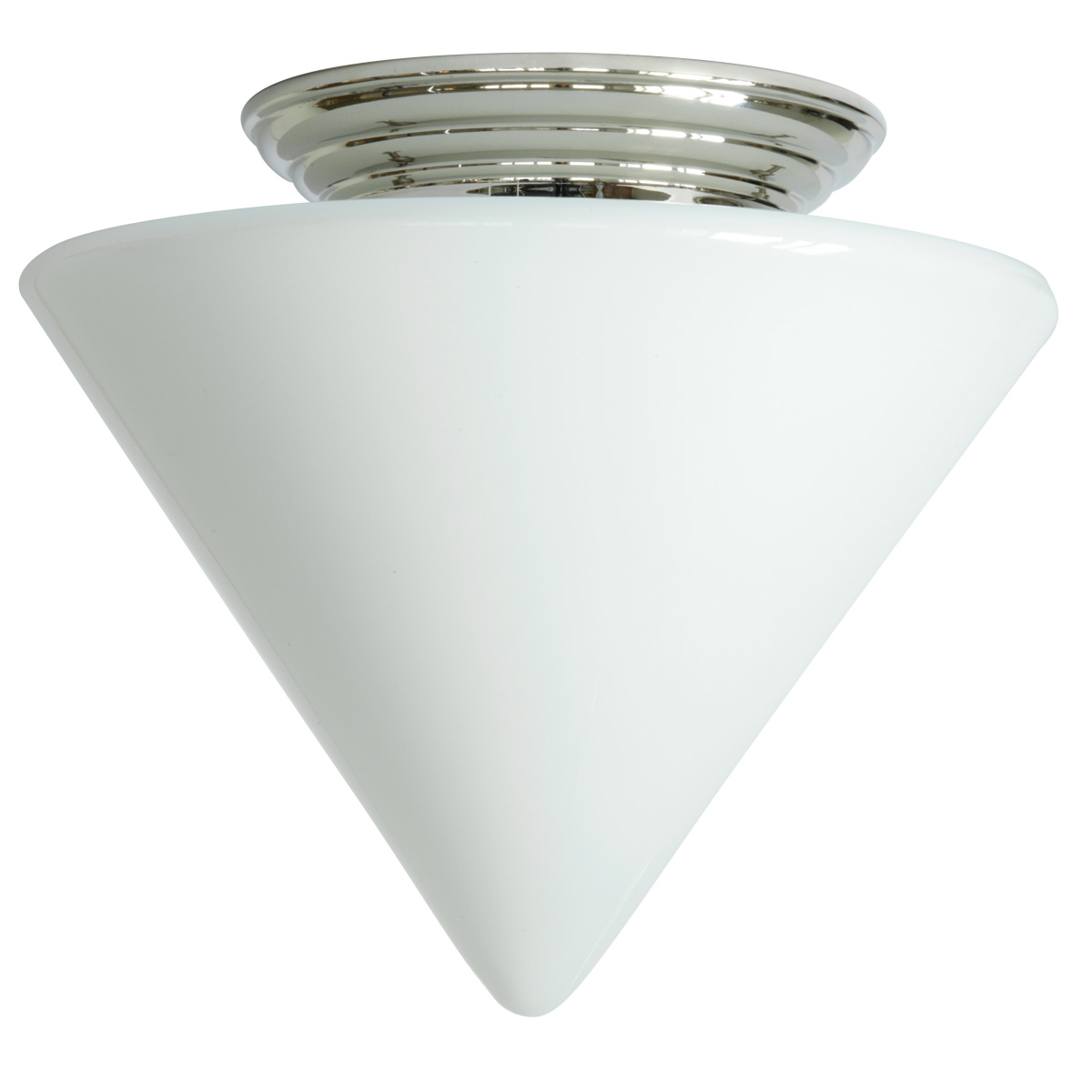 Bild 1: Opalglas-Deckenleuchte, abgebildet mit Deckenteil in Messing glanzvernickelt Deckenlampe mit Spitzkegel-Opalglas Ø 30 cm: Opalglas-Deckenleuchte, abgebildet mit Deckenteil in Messing glanzvernickelt