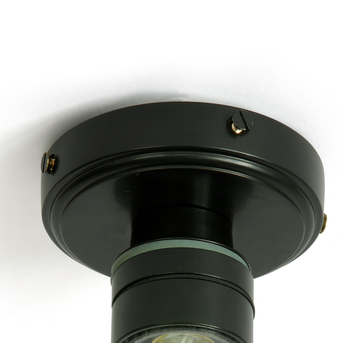 Bild 7: Baldachin schwarz pulverbeschichtet Bad-Deckenlampe mit kleinem Glas-Zylinder (klar oder prismatisch), IP65: Baldachin schwarz pulverbeschichtet