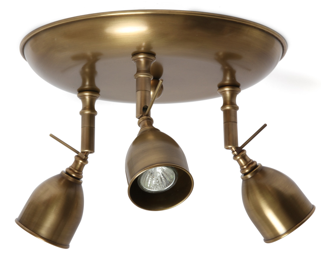 Ceiling light with three spotlights made of antique brass