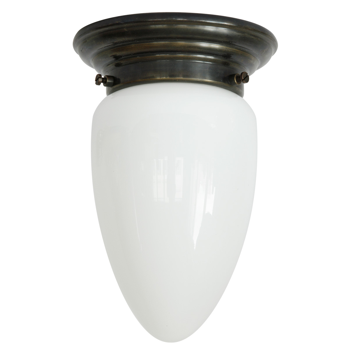 Art déco-Deckenlampe mit Zapfen-Opalglas Ø 14 cm: Deckenleuchte mit opalem Zapfen-Glasschirm, abgebildet mit Deckenteil in Messing dunkel patiniert (brüniert)