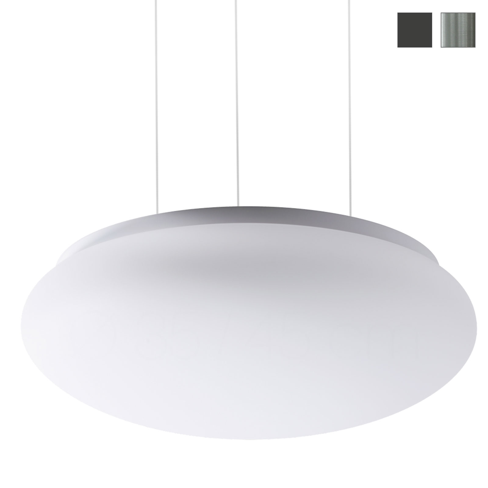 Bild 1: Pendelleuchte mit gewölbter Opalglas-Schale an Stahlseilen, (hier silbern exloxiert mit Ø 44,5 cm, Größe L) Schlichte gewölbte Schalen-Hängeleuchte RAKIS LED, Ø bis 45 cm: Pendelleuchte mit gewölbter Opalglas-Schale an Stahlseilen, (hier silbern exloxiert mit Ø 44,5 cm, Größe L)