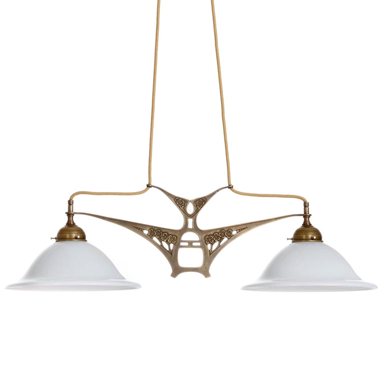 Zweiflammige Jugendstil-Hängeleuchte mit Opalglas-Schirmen Zweiflammige Jugendstil-Hängeleuchte mit Opalglas-Schirmen