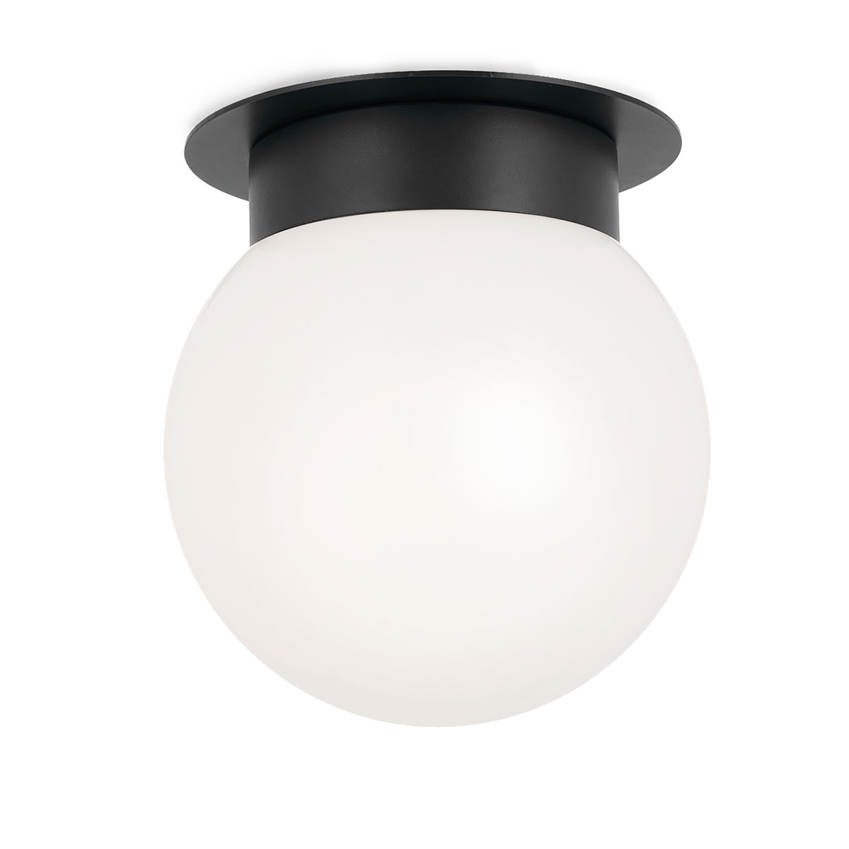 Minimalistische, schwarze Kugel-Deckenleuchte mit Opalglas, Ø 20 cm