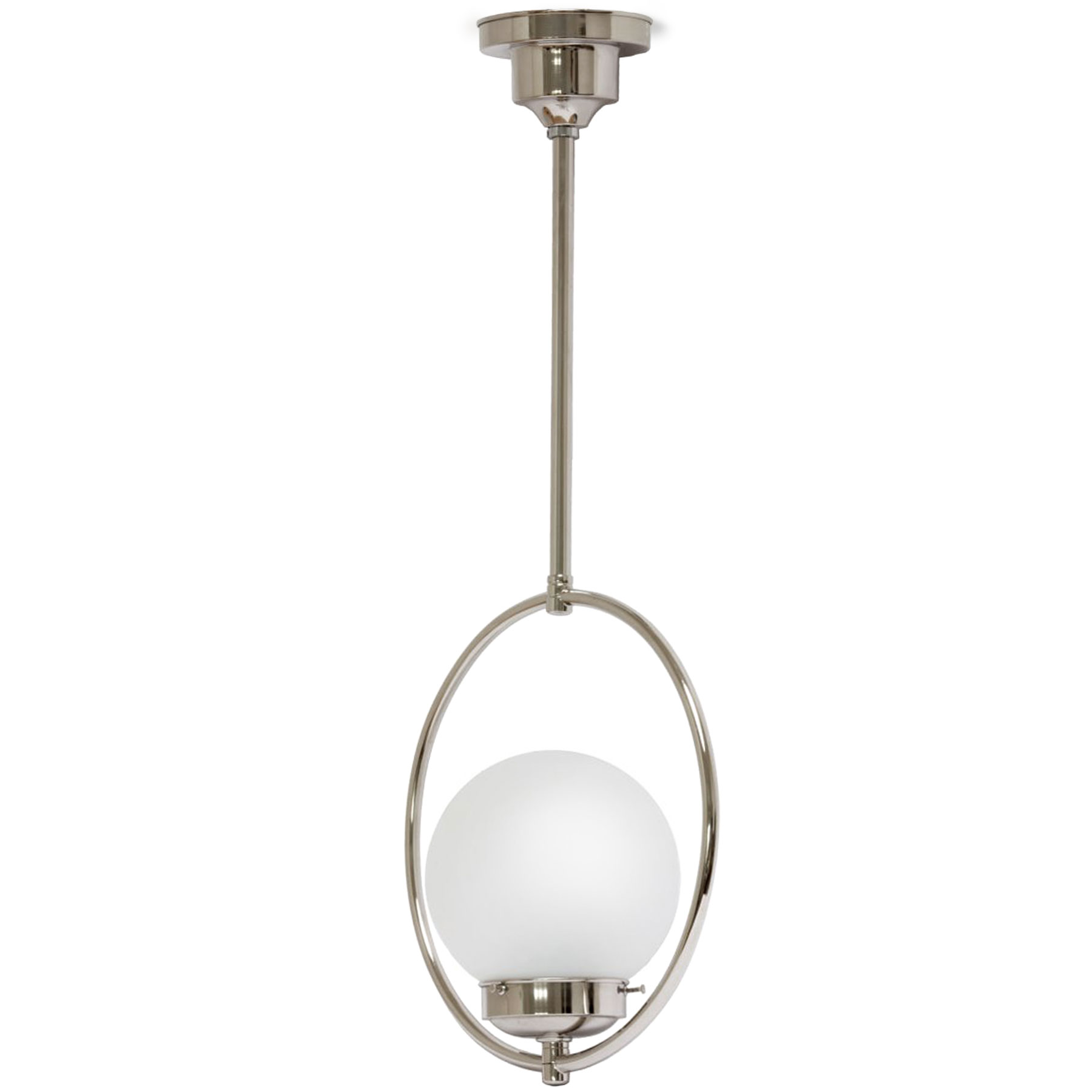 Bild 1: Elegante Pendelleuchte im Art déco-Stil, Kugel-Schirm in Ring, hier: Messing hochglanz-vernickelt Art Déco-Stab-Pendelleuchte mit Ring NEW YORK: Elegante Pendelleuchte im Art déco-Stil, Kugel-Schirm in Ring, hier: Messing hochglanz-vernickelt