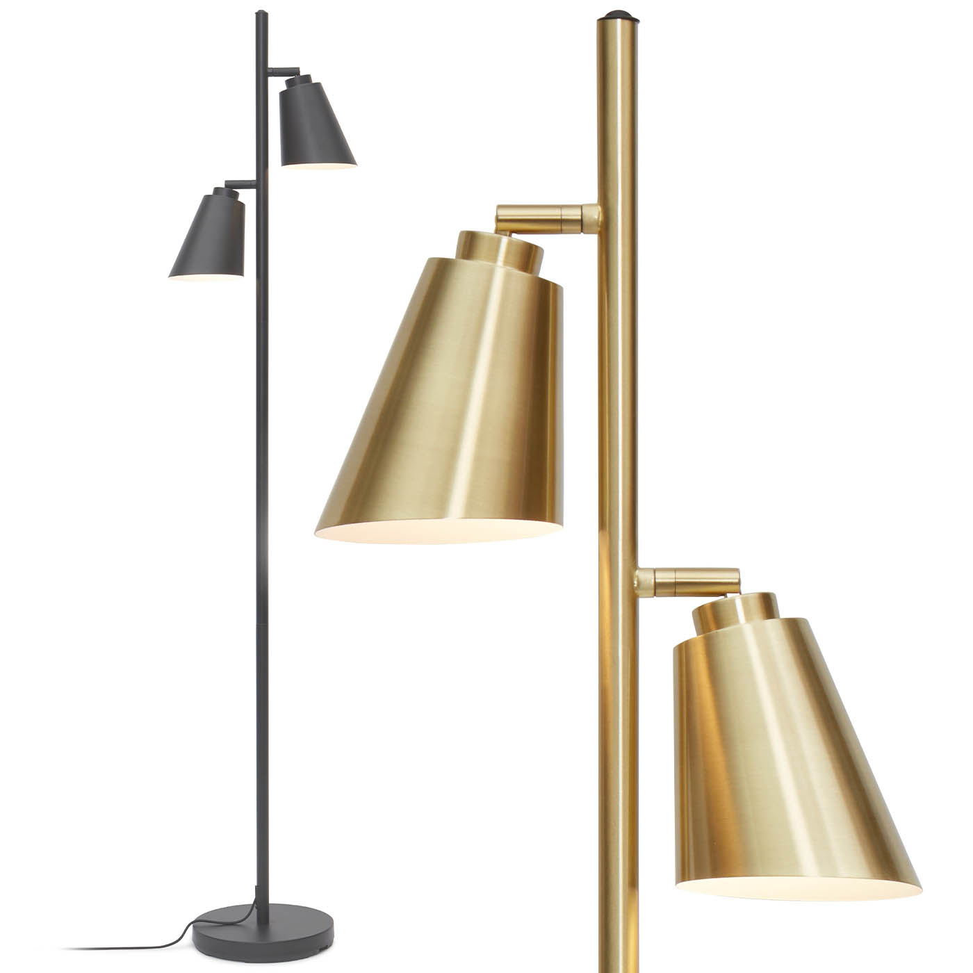 Elegante, zweiflammige Stehlampe BRE-F, schwarz oder gold: Klassisch-moderne Stehlampe mit zwei konischen Schirmen