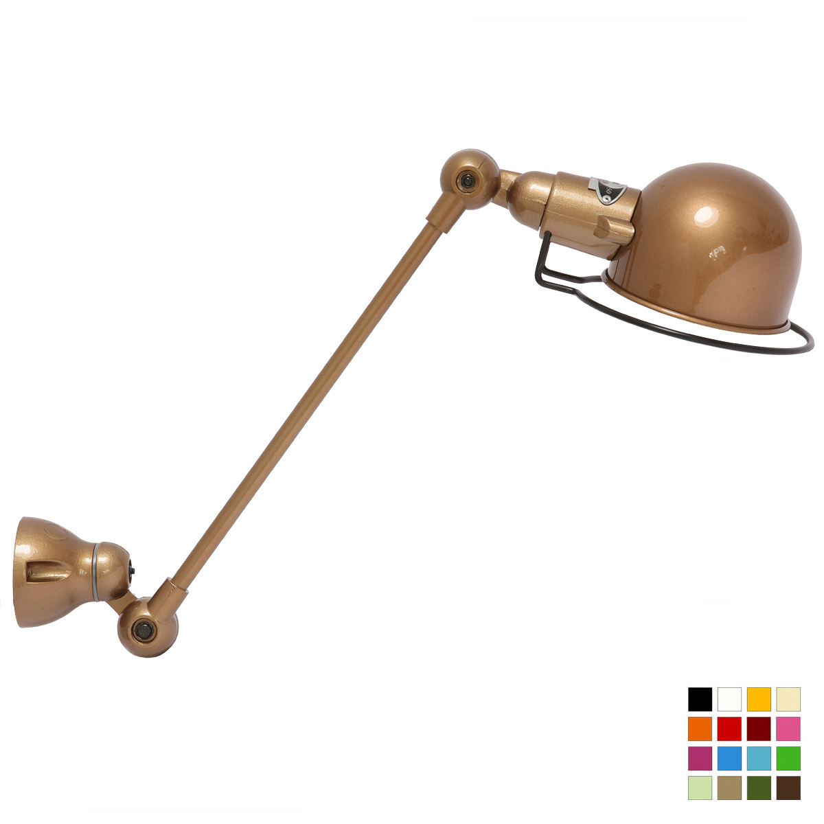 Kleine Gelenkarm-Wandleuchte SIGNAL: Die Gelenkarm-Leuchte Jieldé SIGNAL 301 – eine klassische Werkstattlampe, hier in RAL 1036 Perlgold