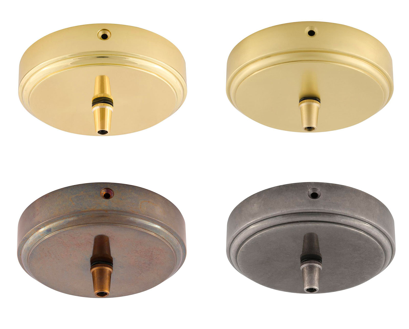 Bild 9: Die Deckenbaldachine in den verschiedenen Messing-Oberflächen Lange Hängeleuchte aus dekorativen Messingstäben, 150 cm: Die Deckenbaldachine in den verschiedenen Messing-Oberflächen