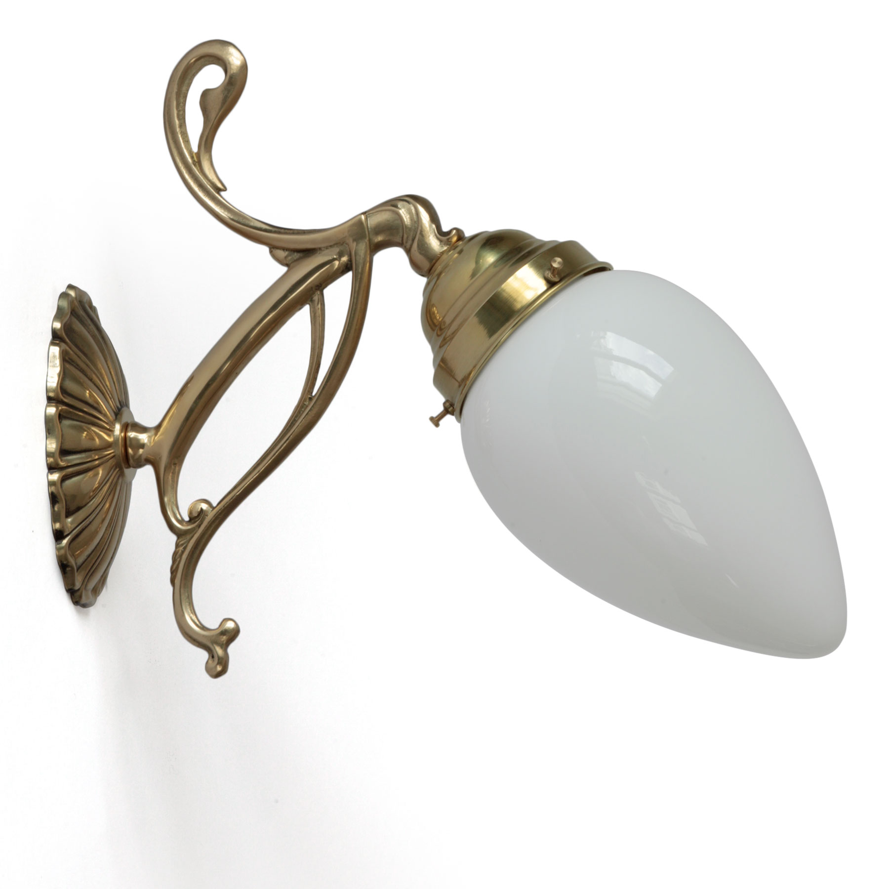 Art Nouveau Wall Light with Decorated Brass Wall Arm and Bud Shaped Glass Art Nouveau Wall Light with Decorated Brass Wall Arm and Bud Shaped Glass
