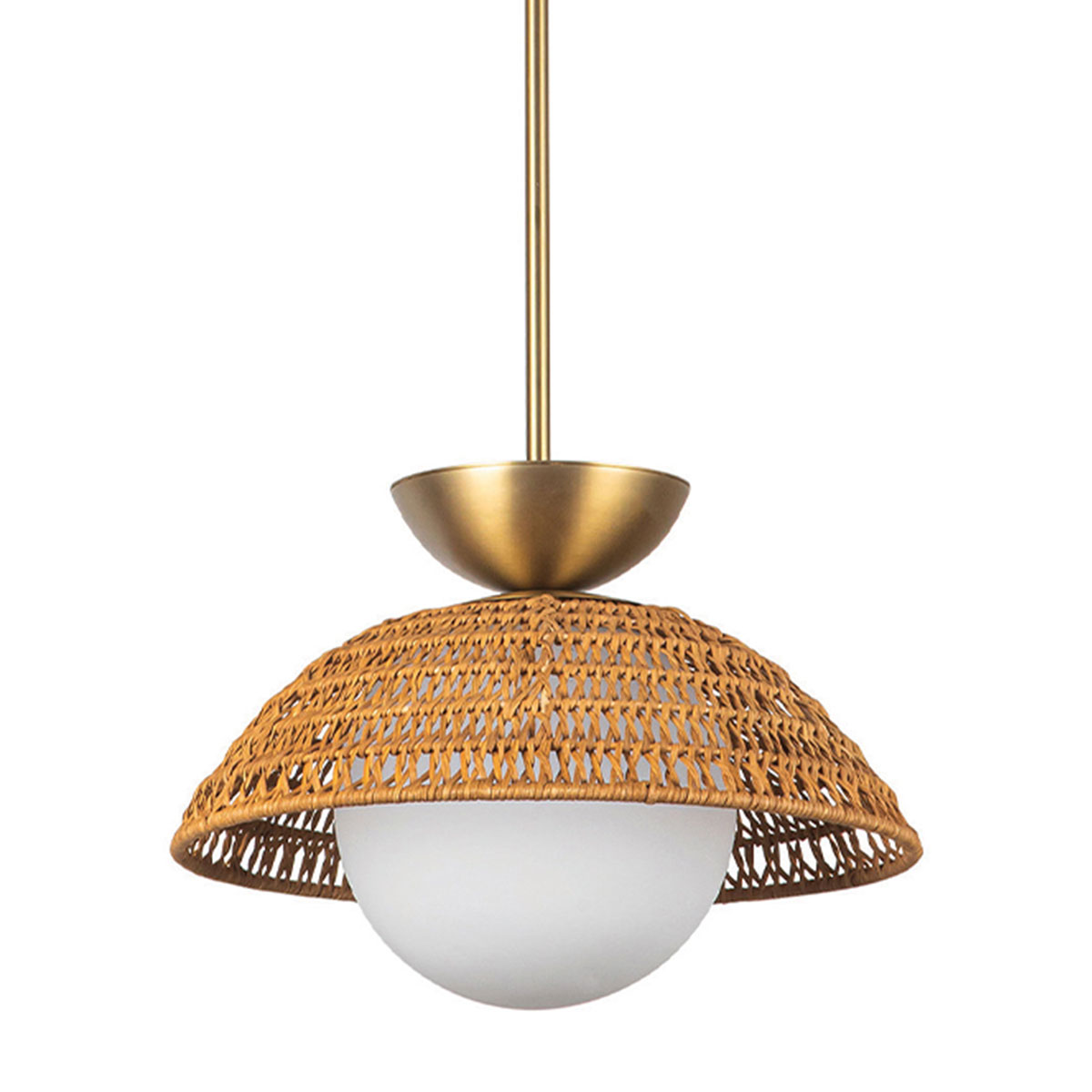 Vintage Rattan Pendant Light with an Opal Glass Globe