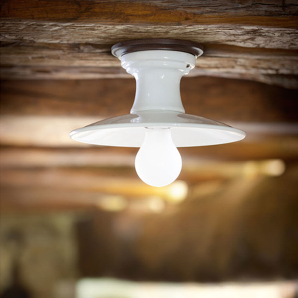 Bild 3: Rustikale Keramik-Deckenleuchte mit Holz-Rosette, kleines Modell, weiß, ohne Dekor Keramik-Deckenleuchte aus Italien BILANCIA: Rustikale Keramik-Deckenleuchte mit Holz-Rosette, kleines Modell, weiß, ohne Dekor