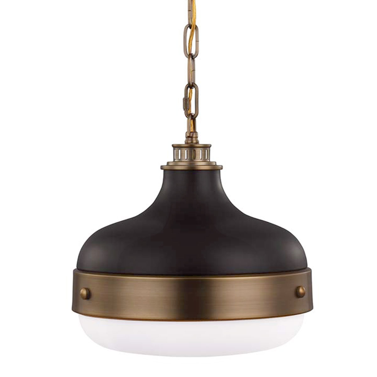 Schwarze Industriestil-Hängeleuchte mit Kette und Opalglas, Ø 33 cm