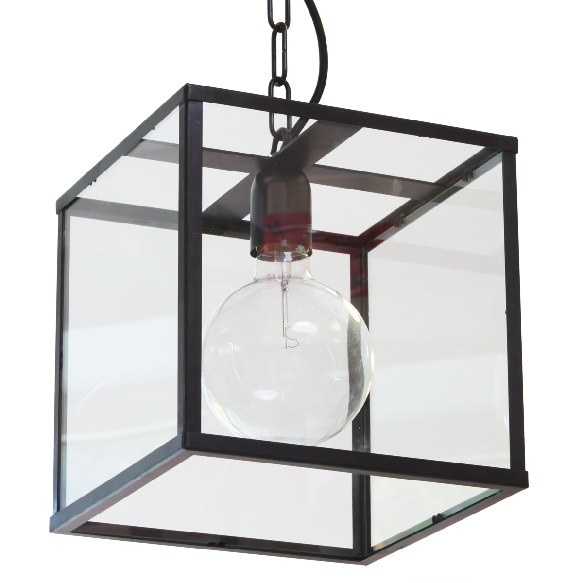 VITRINE Kleine Glaskasten-Hängeleuchte: VITRINE Kleine Glaskasten-Hängeleuchte, Bronze dunkel mit großer Globebirne