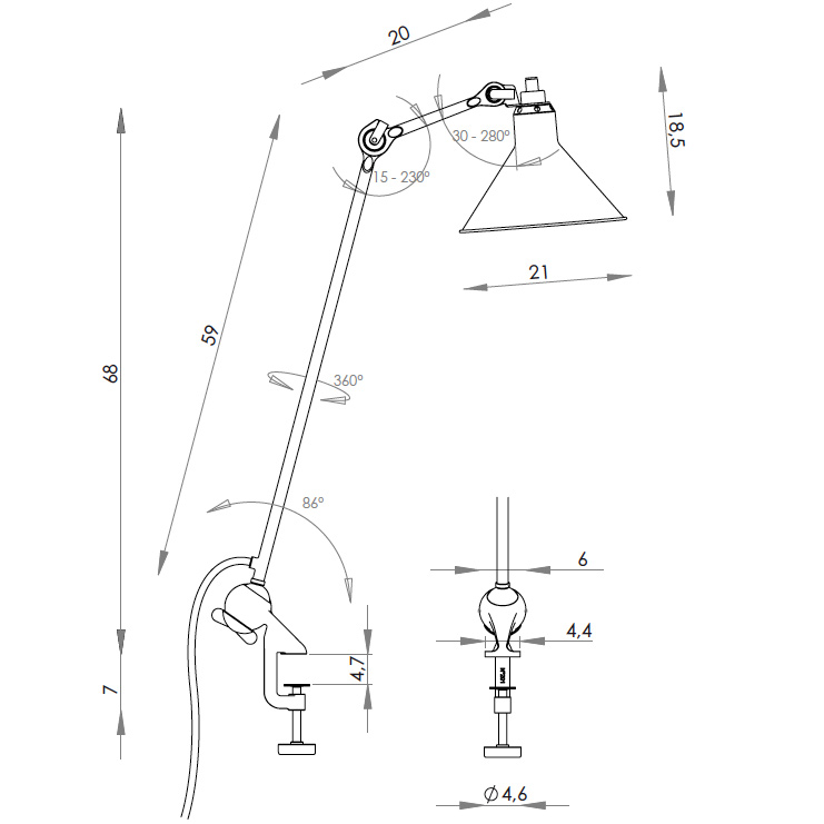 Bild 15: Die Architektenlampe ist mit dem Kugelgelenk um 360° drehbar (Hier das Modell mit Kegelschirm) Architektenlampe N° 201 Klemmleuchte mit rundem Schirm: Die Architektenlampe ist mit dem Kugelgelenk um 360° drehbar (Hier das Modell mit Kegelschirm)