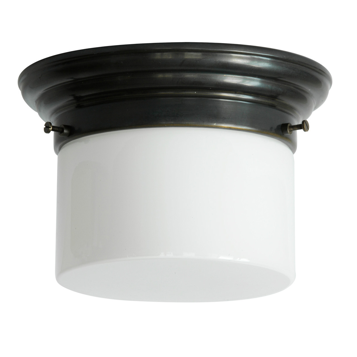 Art déco-Deckenlampe mit Zylinder-Opalglas Ø 16/21 cm: Tuben-Deckenleuchte, abgebildet mit dunkel patiniertem Deckenteil, Modell 1