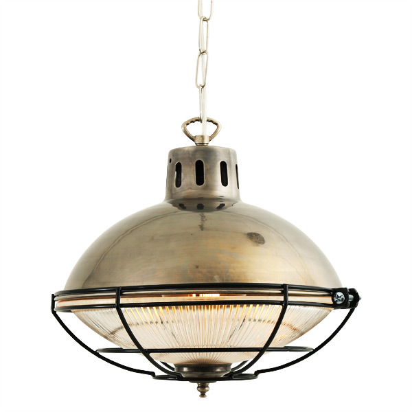 Bild 4: Die Ausführung in Messing, Alt-silbern patiniert Industrieleuchte mit Schutzgitter und Holophanglas-Refraktor: Die Ausführung in Messing, Alt-silbern patiniert