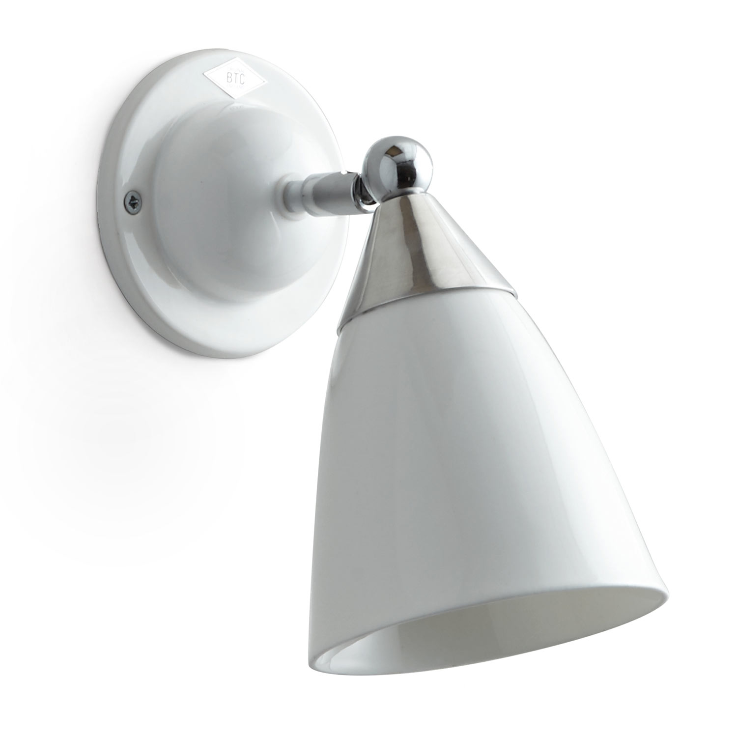 Verstellbare Art Déco-Wandlampe mit Porzellan-Schirm: Kleine Porzellan-Wandlampe „MANN“ von BTC,  hier die Version ohne Schalter