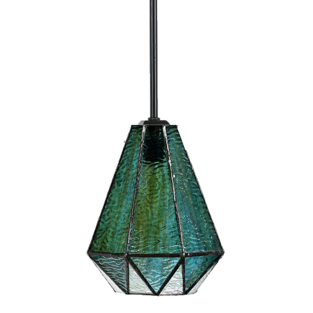 Stab-Pendelleuchte mit blaugrünem Tiffany-Glas Stab-Pendelleuchte mit blaugrünem Tiffany-Glas