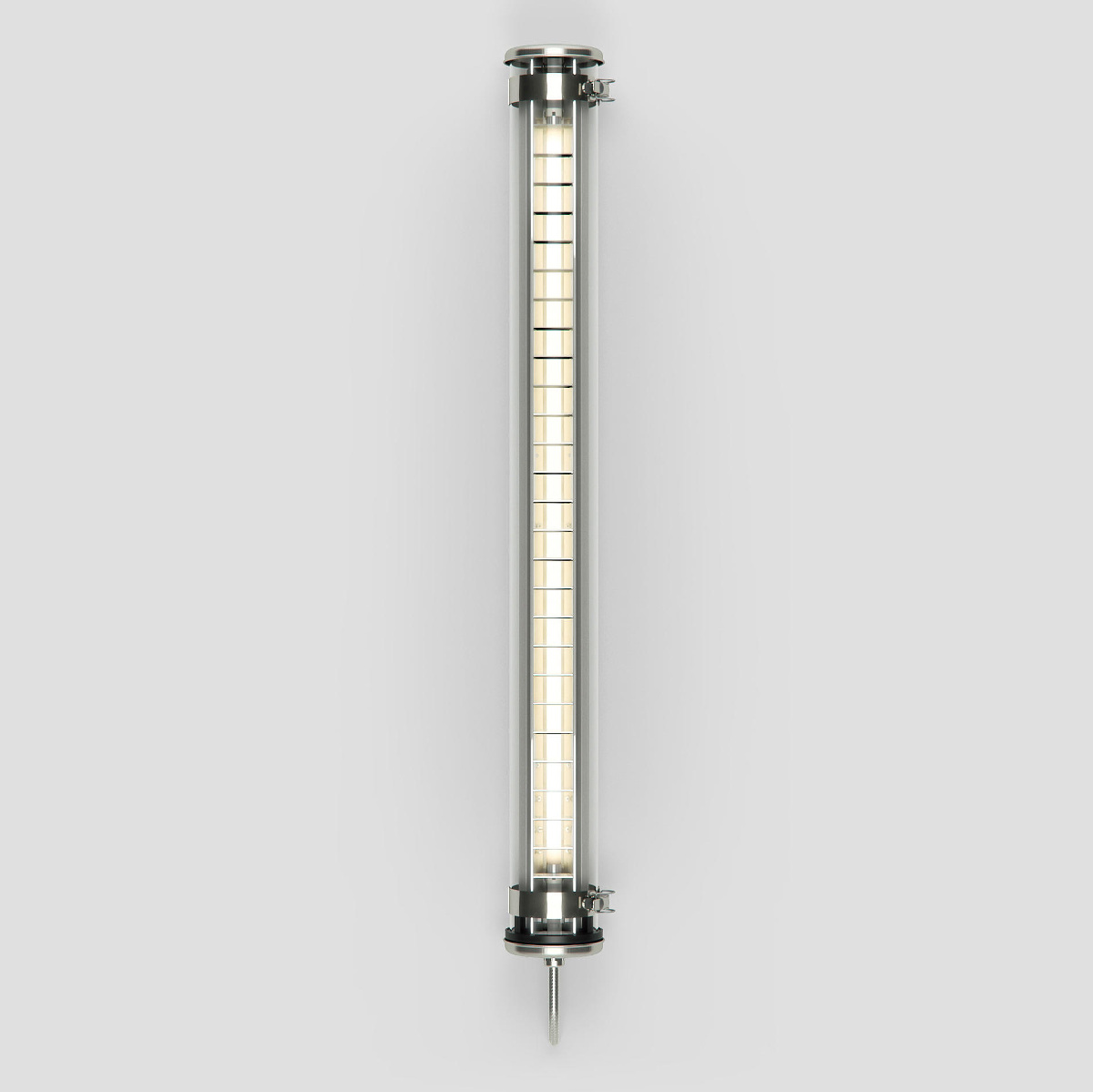 Röhrenleuchte BRUEGHEL mit IP68 (100/130 cm): Die Glas-Röhrenleuchte BRUEGHEL (kleines Modell, 100 cm lang, silber mit Edelstahl-Armaturen)